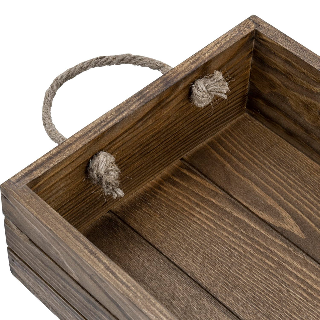 Rustic Brown Wood Storage Bin with Rope Handles Open Crate Box