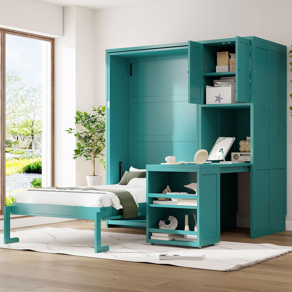 Twin Size Murphy Bed, Rotating Wall Murphy Beds with Bookshelf, Top Cabinet, Extendable Desk, Teal