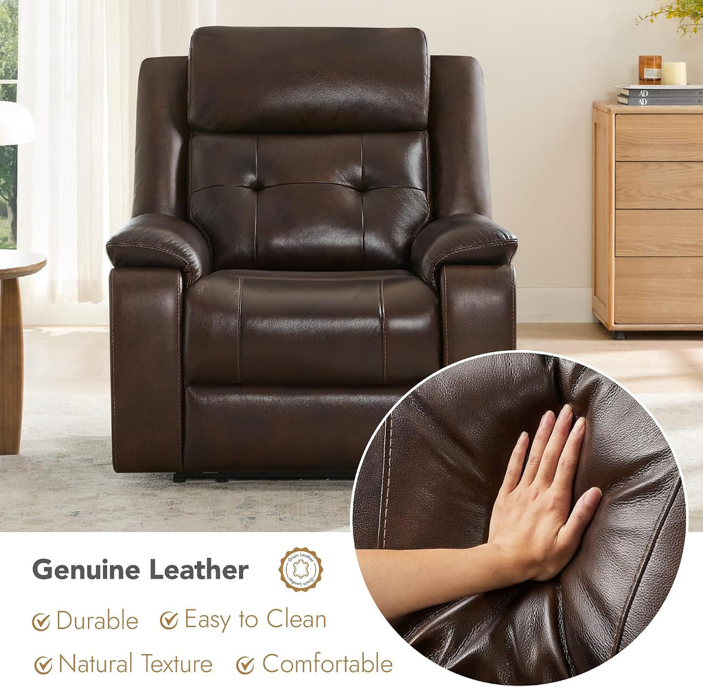 Genuine Leather Power Recliner Chair for Adults, Wall Hugger Recliner with Power Headrest, Cup Holders & Charging