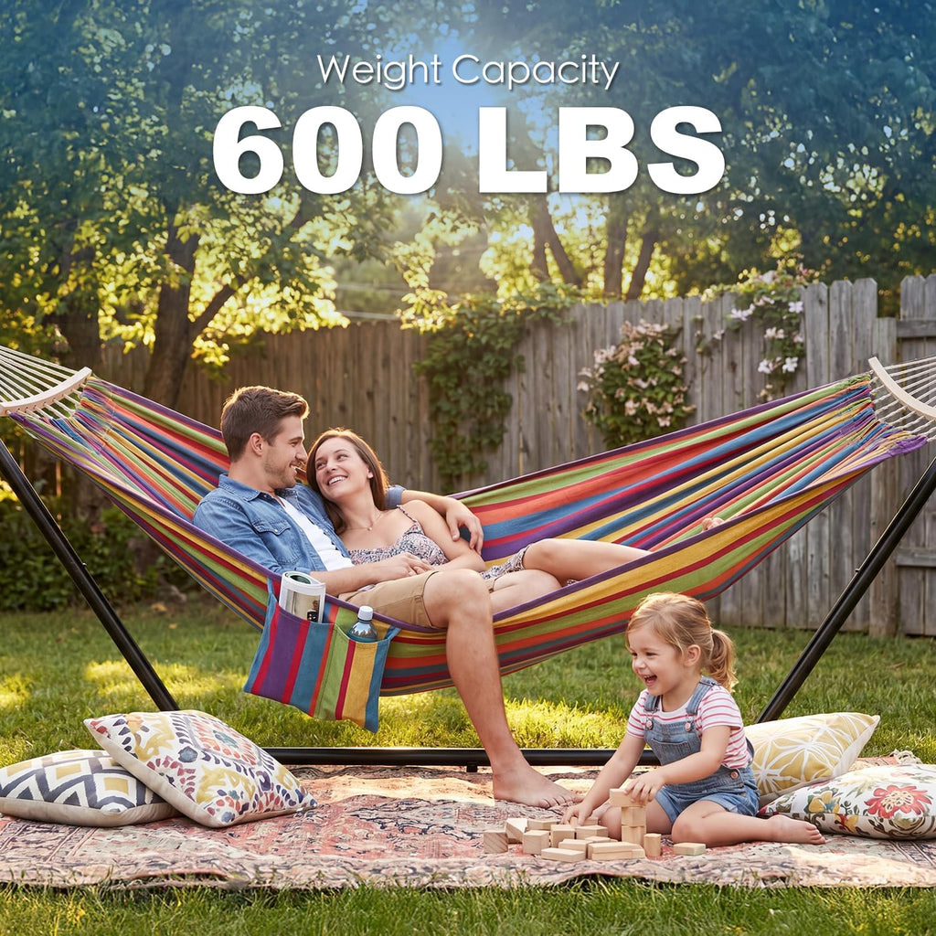 Double Hammock with Stand for Outside, Upgraded Spreader Bar, Heavy Duty Space Saving Steel Stand 2 Person, Side