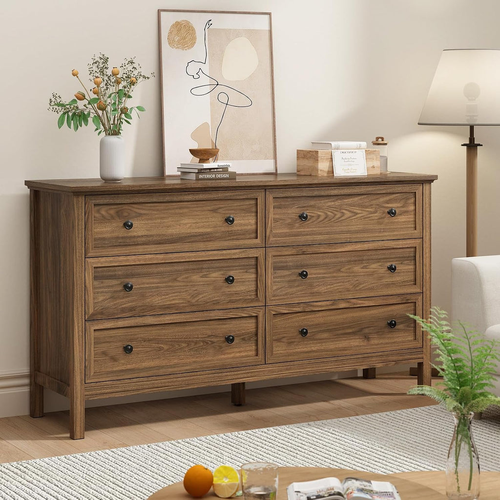 55" Walnut Dresser , 6 Drawer Dresser with Wide Drawer and Metal Handles, Wood Dressers & Chests of Drawers .