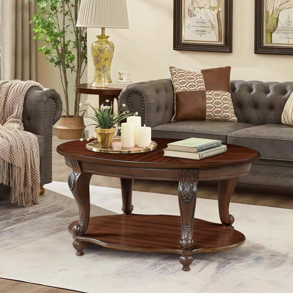 42" Vintage Oval Coffee Table, 2 Tier with Storage Shelf, Cherry