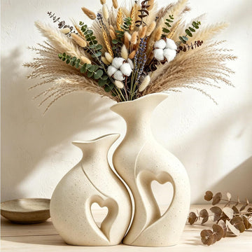 Heart Shaped Flower Vase Set of 2 Boho Modern Ceramic Vase (Cream) | Coffee Table Vase, Couples Wedding Gifts