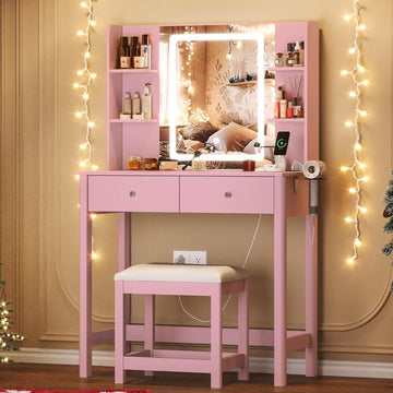 Vanity Desk with LED Mirror, 3 Lighting Modes and Chair | Small Makeup Vanity Table Set with Drawers, Dressing Table