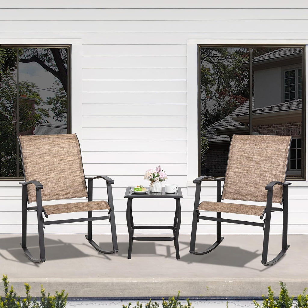 Rocking Chair Outdoor with Table, 3 Piece Rocking Patio Bistro Set, Outdoor Furniture Set with Metal Frame and
