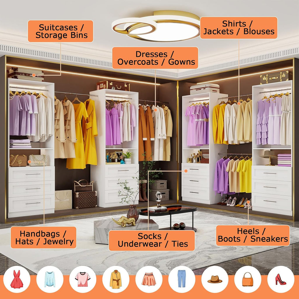 Closet System Set of 4, Closet System with 12 Drawers, 8 Rods & 4 Shelves, 8-21FT Walk in Modular Closet Organizer