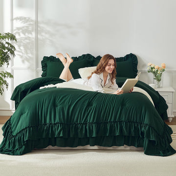 Dark Green Ruffle Comforter Set 3‐Piece Farmhouse Bedding