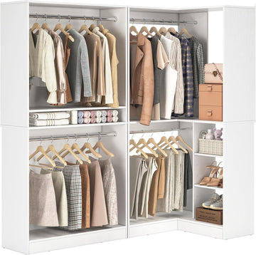 Corner Closet System, 72" L-Shaped Closet Organizer with 4 Hanging Rods, Heavy Duty Wood Garment Rack with Shelves