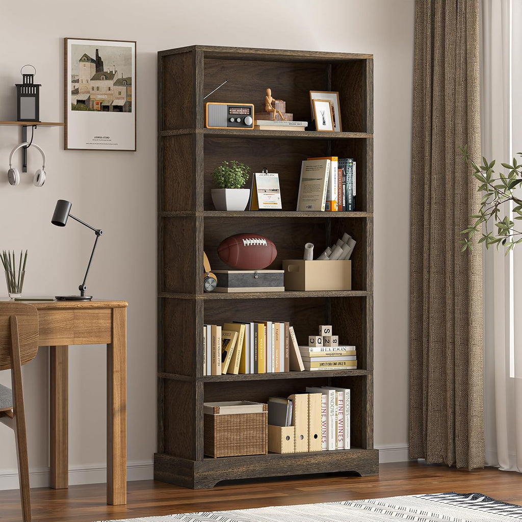 5-Tier Solid Wood Book Shelf, Floor Standing Bookcase, 65" H × 31.5" W × 11.8" D Bookshelf