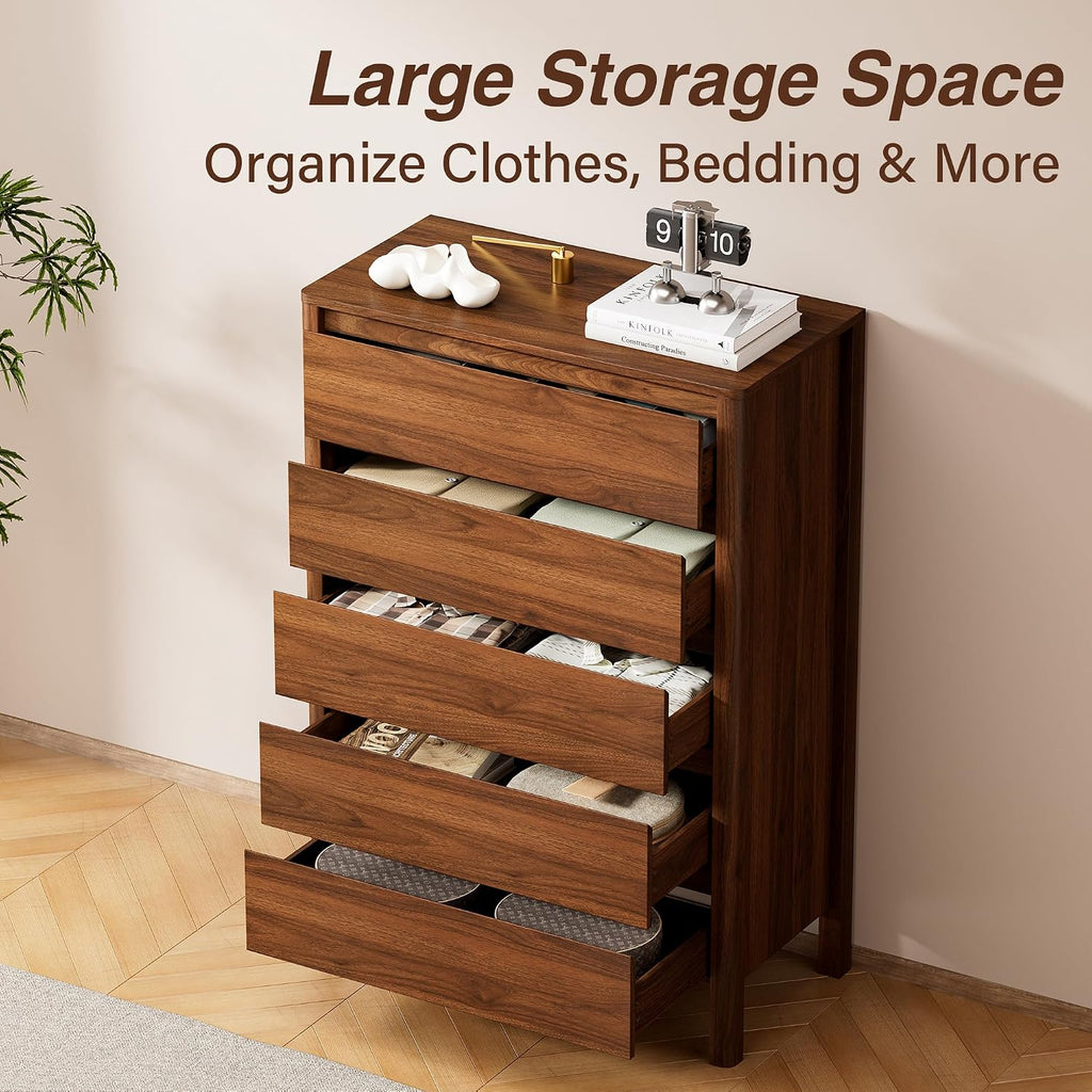 Walnut Dresser , 5 Drawer Dresser with Wood Legs, Tall Wood Dresser, Mid Century Modern Chest of Drawers, Large
