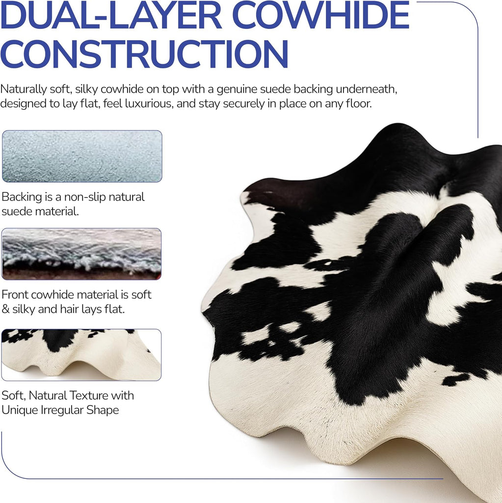 100% Genuine Cowhide Rug - Black & White Cow Hide Area Carpet - Animal Rugs & Western Home Decor - Real Cowhide Rug