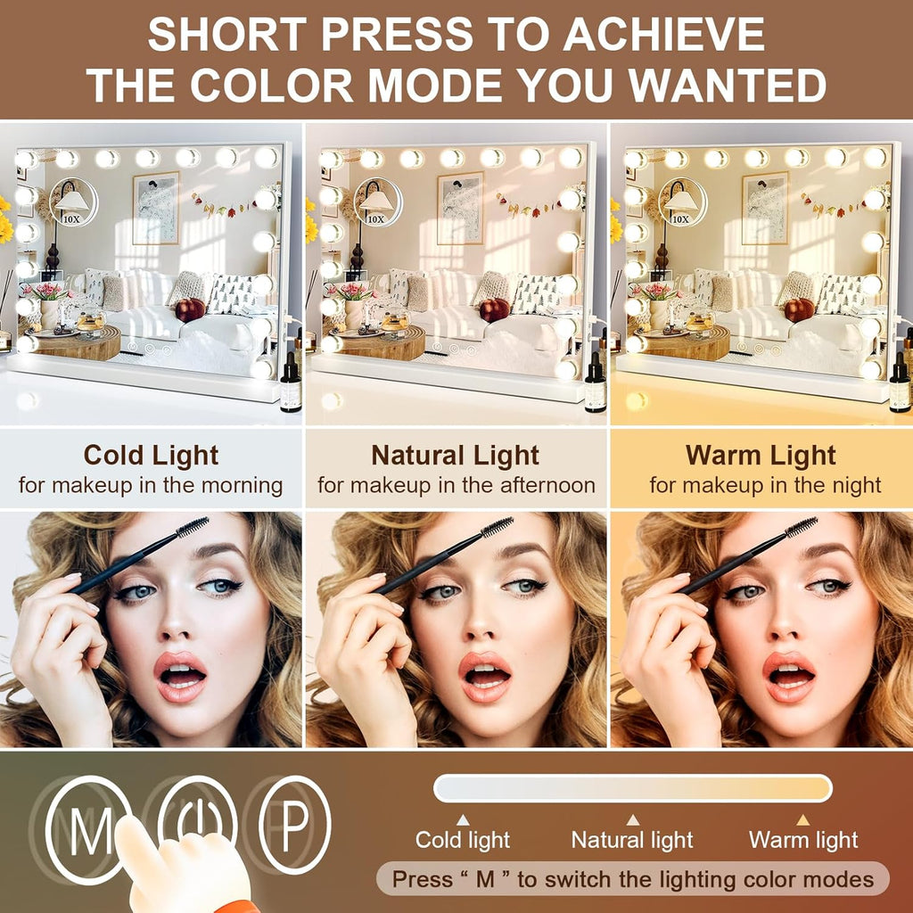 24.4"x21.2" Vanity Mirror with Lights, Lighted Makeup Mirror with 3 Dimmable Color Modes,17 LED Hollywood Mirror with