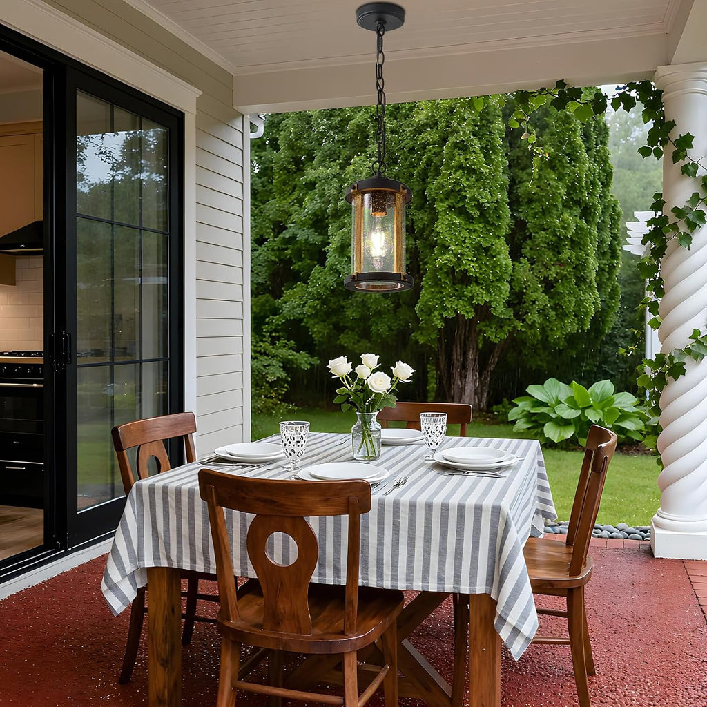 Outdoor Pendant Light for Porch, Black Farmhouse Wood Grain Finish Outdoor Chandelier with Clear Seeded Glass