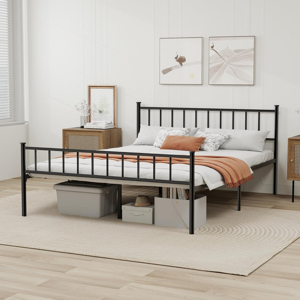 Metal Platform Queen Bed Frame with Headboard Sturdy Steel Slats Support No Box Spring Needed Easy Assembly Black