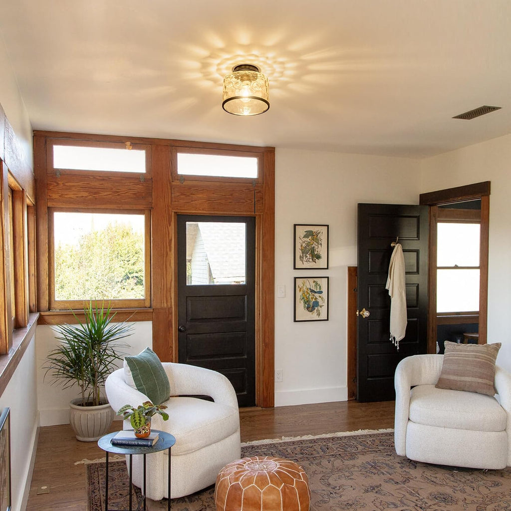 Glass Ceiling Light, Black Semi Flush Mount with Hammered Glass Shade, Farmhouse Light Fixture