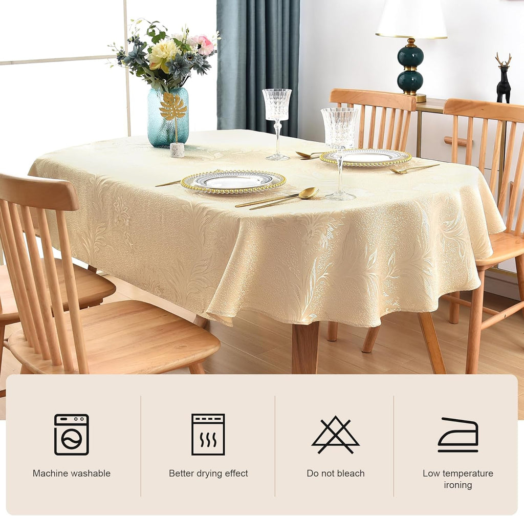 Shiny Oval Jacquard Tablecloth 60 x 102 Inch Beige Floral Countryside Leaves Damask Patterns Table C
