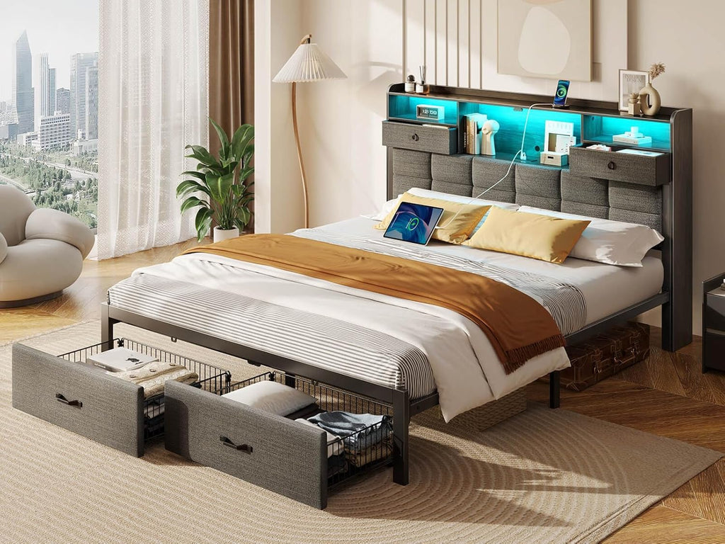 Bed Frame Full with Drawers and Charging Station, Upholstered Platform Bed with Storage Headboard and LED Light
