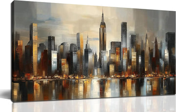 City Wall Art , Gold and Grey Wall-Decor , Modern Cityscape Poster Canvas Print