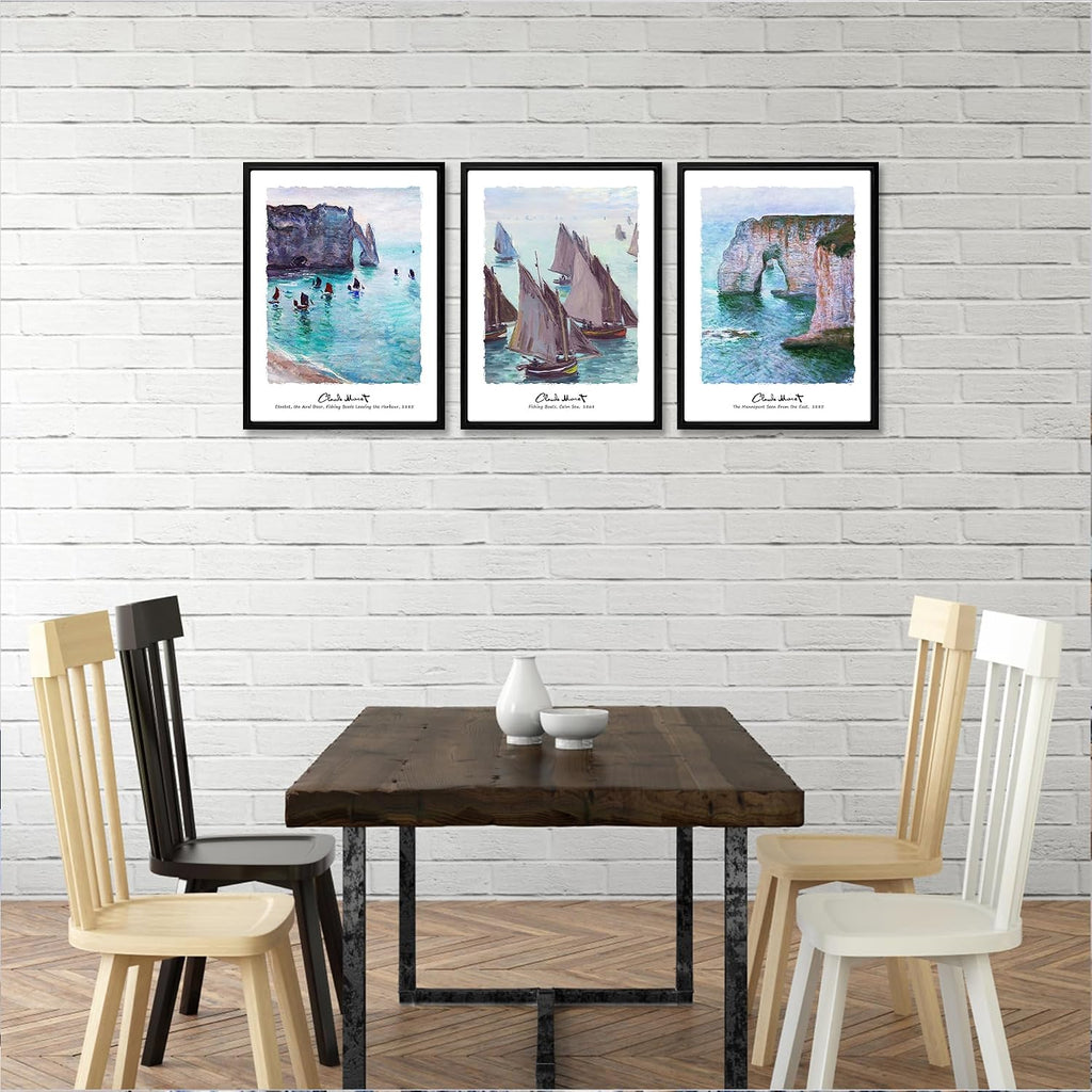 3-Piece Claude Monet Prints Framed Wall Art, Fishing Boats Cliffs at Etretat The Aval Door Oil Painting Reproduction