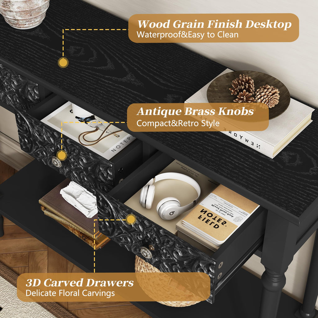 42" Carved Entryway Console Table with 3 Drawers, Black