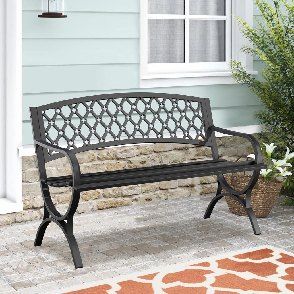 Outdoor Bench Garden Benchs, Weatherproof Anti-Rust Heavy-Duty Outside Bench Clearance, Wrought Iron Metal Bench for