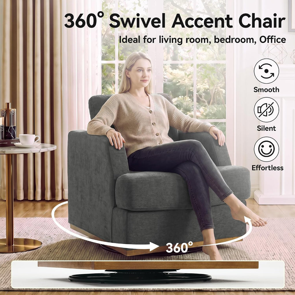 Swivel Accent Chair, 360° Rotatable Square Barrel Chair, Comfy Deep Seat Chenille Upholstered Living Room Chairs