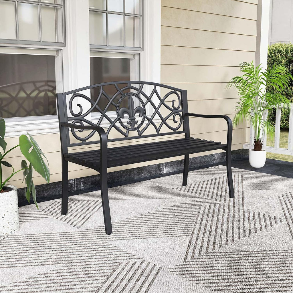 50.5" Outdoor Bench with Metal Frame, Floral Design Cast Iron Backrest, Slatted Seat, Adjustable Foot Pads, Load