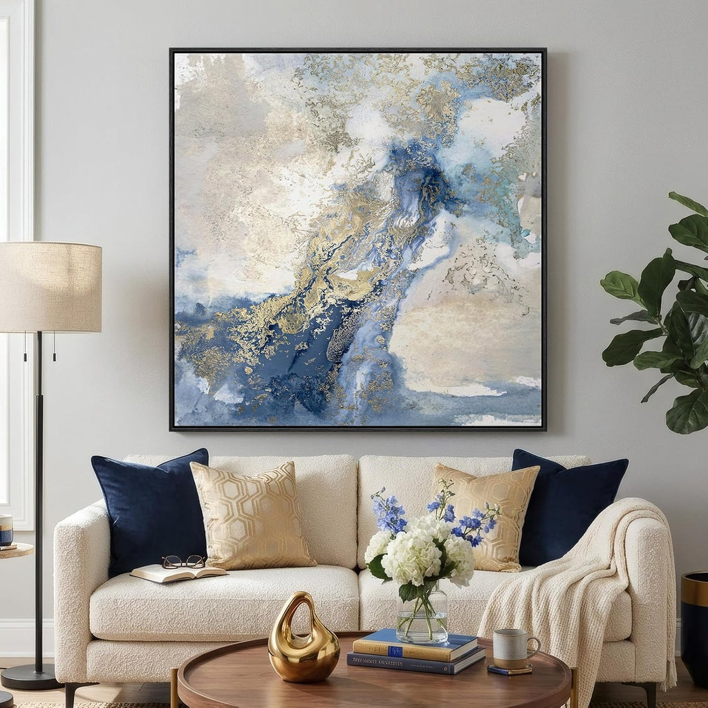 Extra Large Framed Blue Abstract Wall Art , Oversized Square Modern Canvas Prints Paintings for Walls, Minimalist