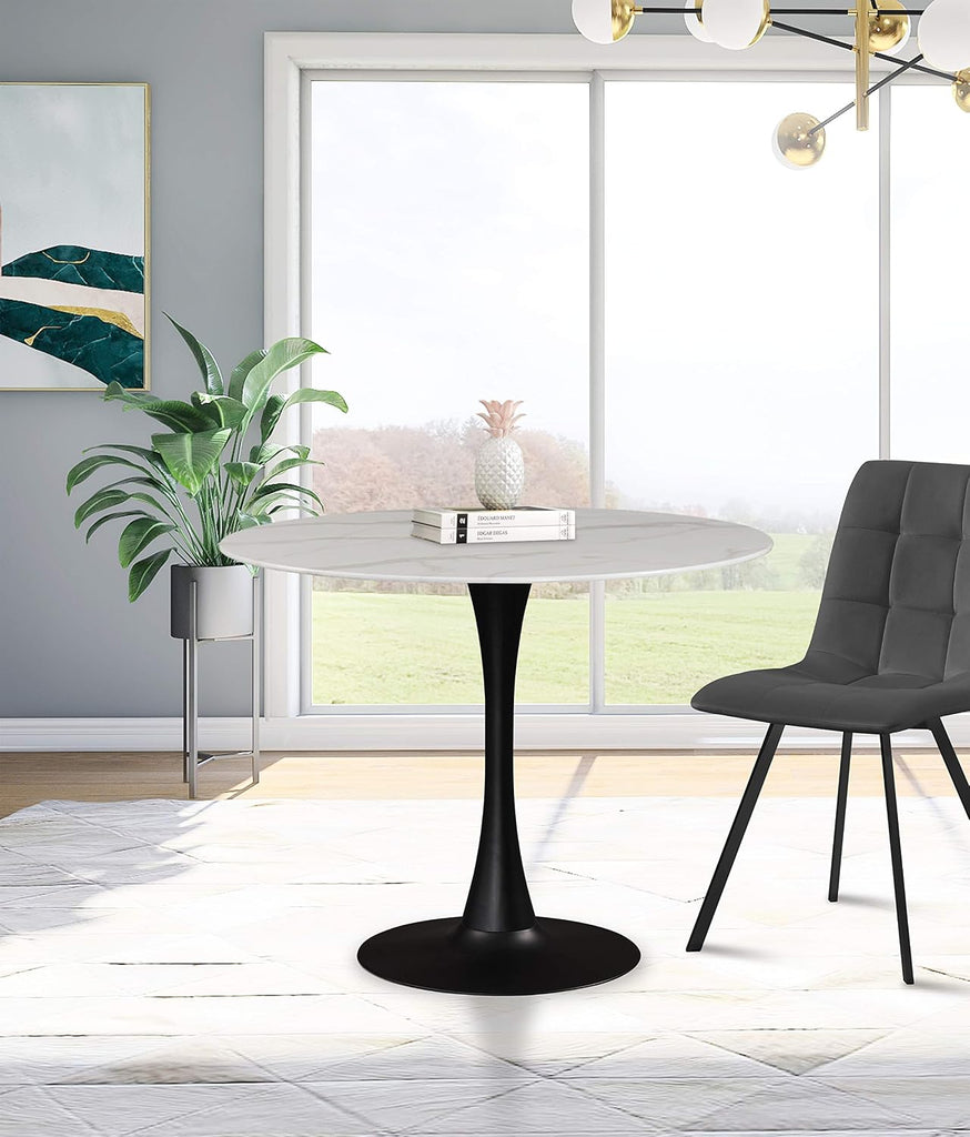 973-T Holly Collection Modern | Contemporary Round Dining Table with Faux Marble Table Top and Rich Matte Black Base