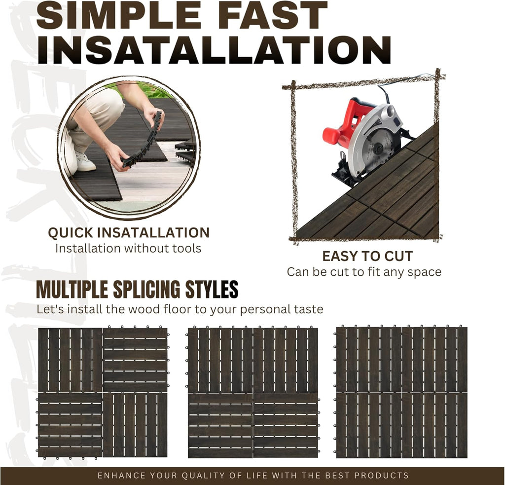 10 Pack of Interlocking Deck Tiles Striped Pattern, 12" x 12" Dark Brown Square Acacia Hardwood Outdoor Flooring for
