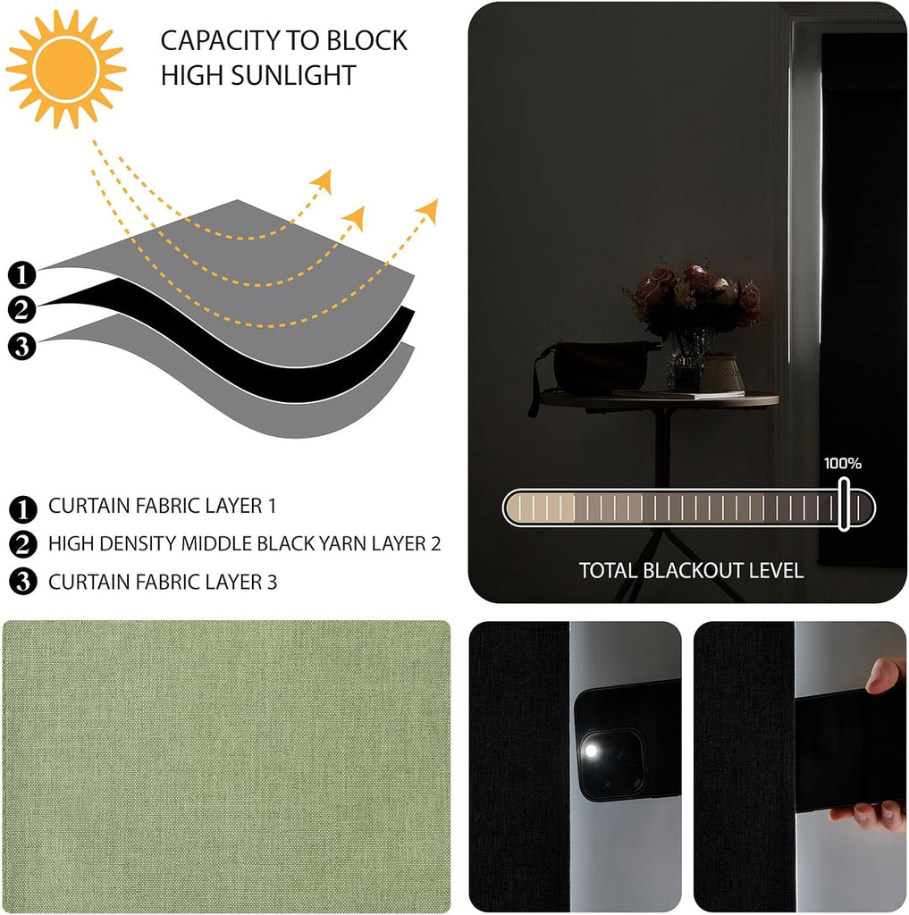 100% Blackout Classroom Door Curtains - UV Protection & Privacy, Easy-to-Install Roller Blinds for Windows, Matcha