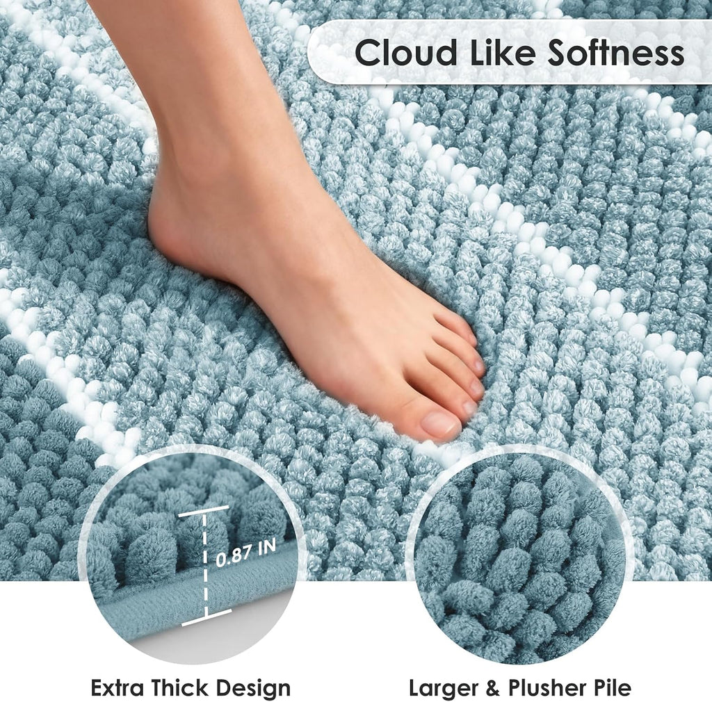 Chenille Bathroom Rugs 3 Pieces, Blue, 17"×24", 20"×32", 20"×24" | Extra Thick Absorbent Non-Slip Bath Mats with