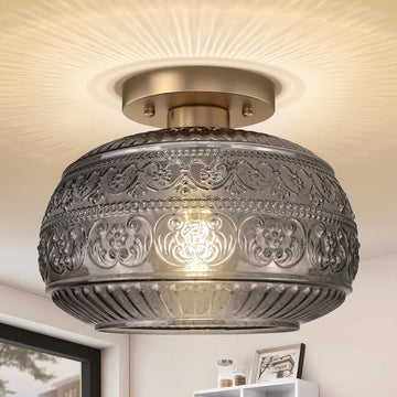 Semi Flush Mount Ceiling Light Fixture, 11" Vintage Gold Hallway Lights Fixture Ceiling with Grey Glass and Entry