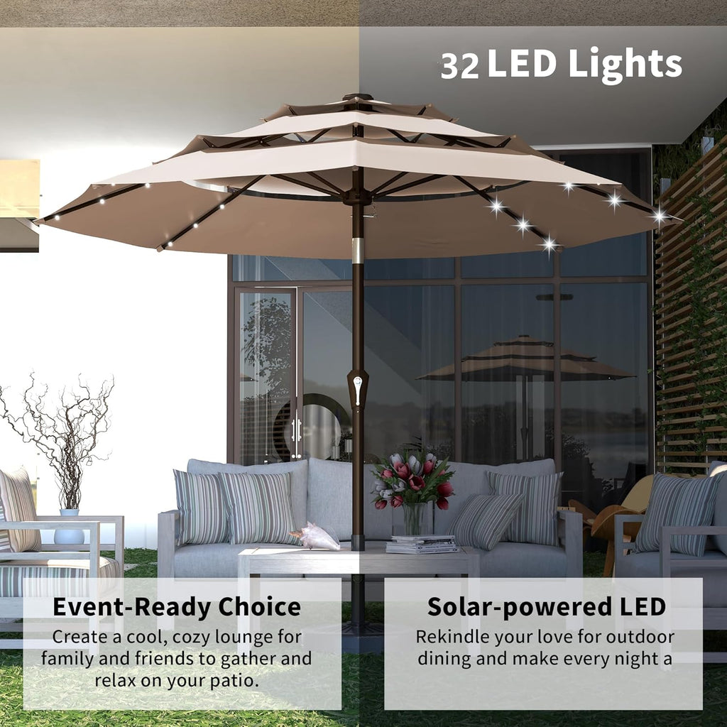 9ft 3-Tier Patio Umbrella with Solar Lights, Table Umbrella Outdoor Patio with Easy Crank & Tilt, 8 Sturdy Ribs