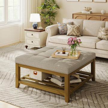 Large Square Ottoman Coffee Table, Linen Solid Upholstered Footrest Ottoman with Solid Wood Shelf Storage Tufted