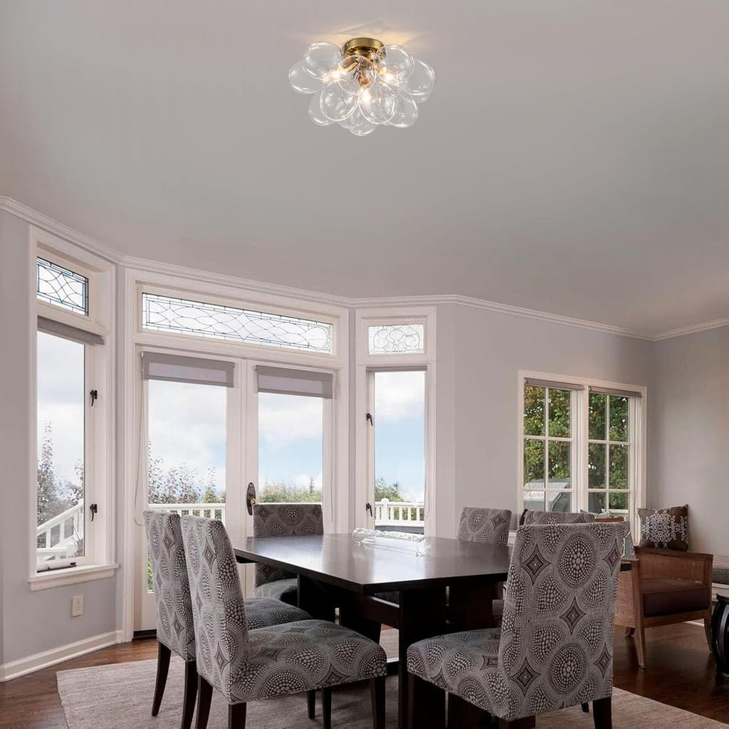 Semi Flush Mount Chandelier Gold Close to Ceiling Light Fixtures Modern Bubble Ball Glass Chandelier Mid Century