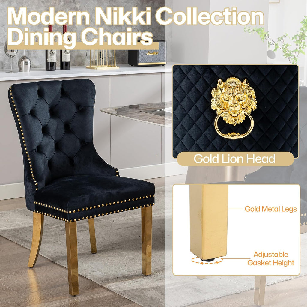 Velvet Dining Chairs Set of 2, Nikki Collection Dining Room Chairs with Gold Metal Legs and Lion Head Pull Ring
