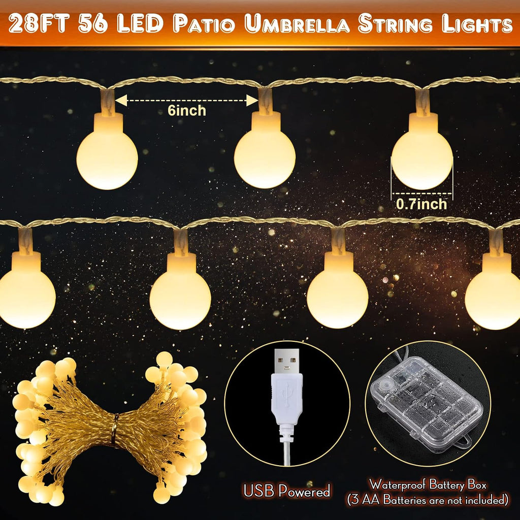 1 Pack 32 Feet Patio Umbrella Lights, 8 Lighting Modes LED String Lights with 64 Pcs Shatterproof Globe