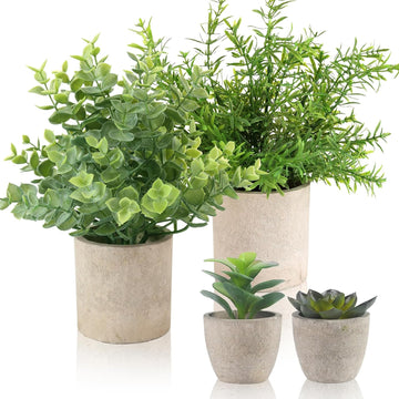 4 Pack Small Fake Plants, 10" Artificial Plants Indoor Eucalyptus/Rosemary/Succulents, Small Faux Plants in Pulp Pot