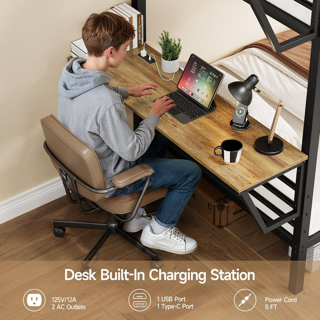 Bunk Bed Twin Over Twin, Metal Bunk Beds with Power Outlets & Desk