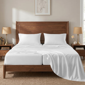 100% Cotton Sateen Split King Sheets, White, Luxury Soft