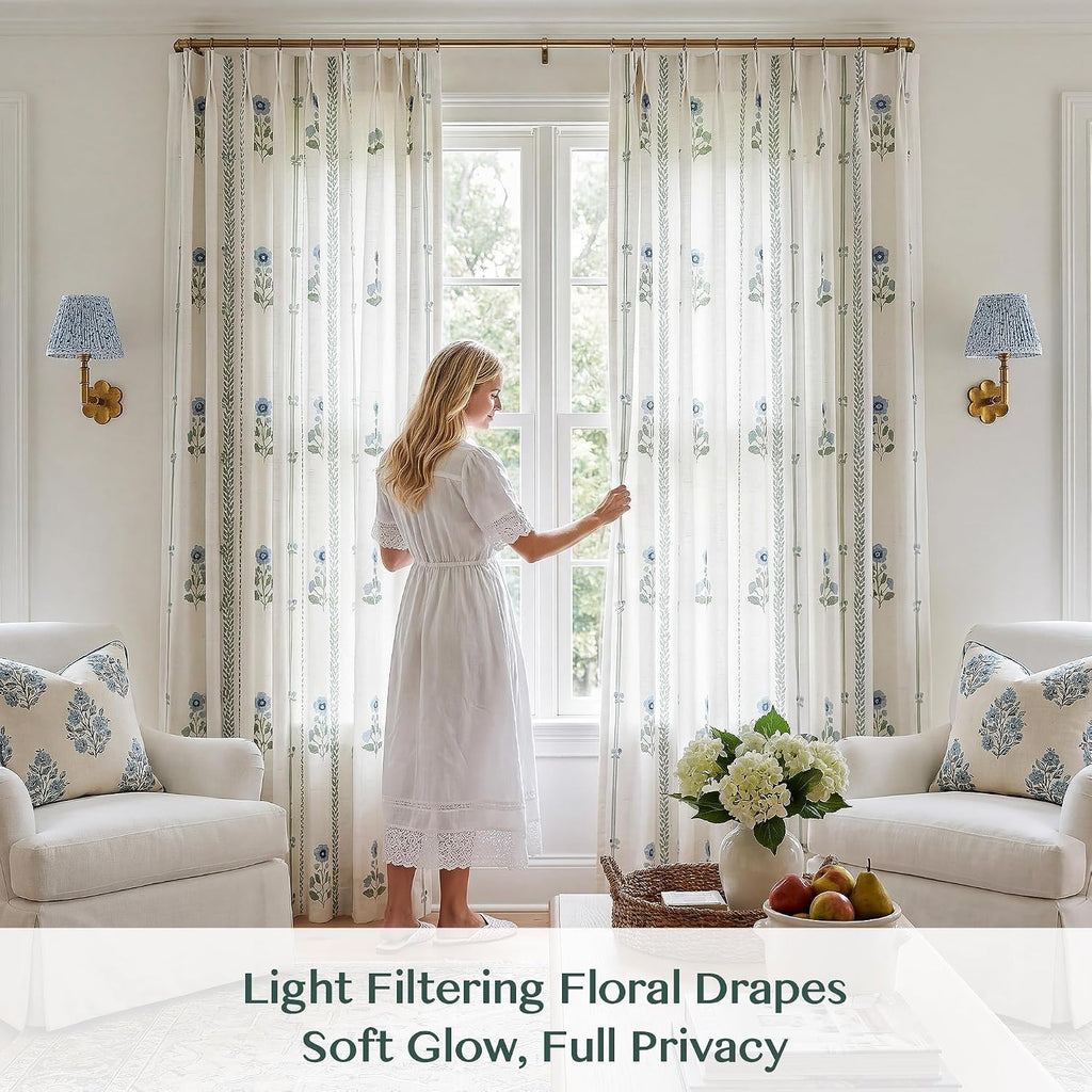 Pinch Pleated Curtains Bedroom Dining Room - 84 Inches Light Filtering Floral Curtains Luxury Linen Drapes Farmhouse