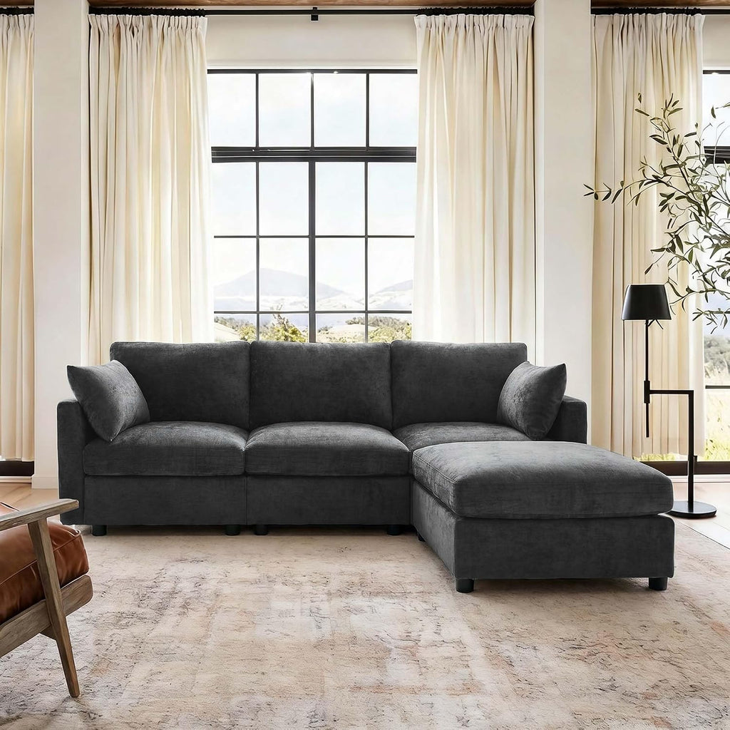 Sectional Couch , Comfy L Shaped Convertible Sofa, 4 Seater Modern Chenille Sofa with Ottoman,Black