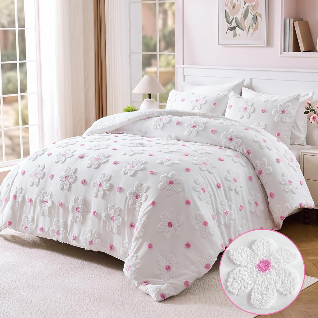 Queen Comforter Set for Girls Pink Tufted Daisies Flowers Bedding Set