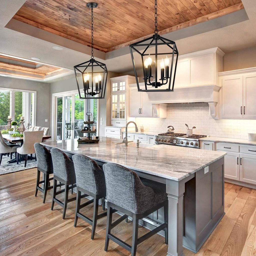 Farmhouse Chandelier 4-Light, Black Pendant Light Fixture for Kitchen Island Dining Room