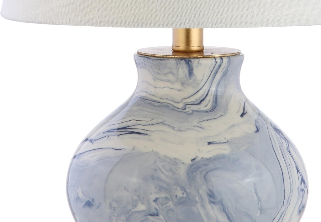 20.5" Blue/White Marbleized Ceramic Table Lamp, Contemporary Traditional Bedside Lamp, Gold Accents