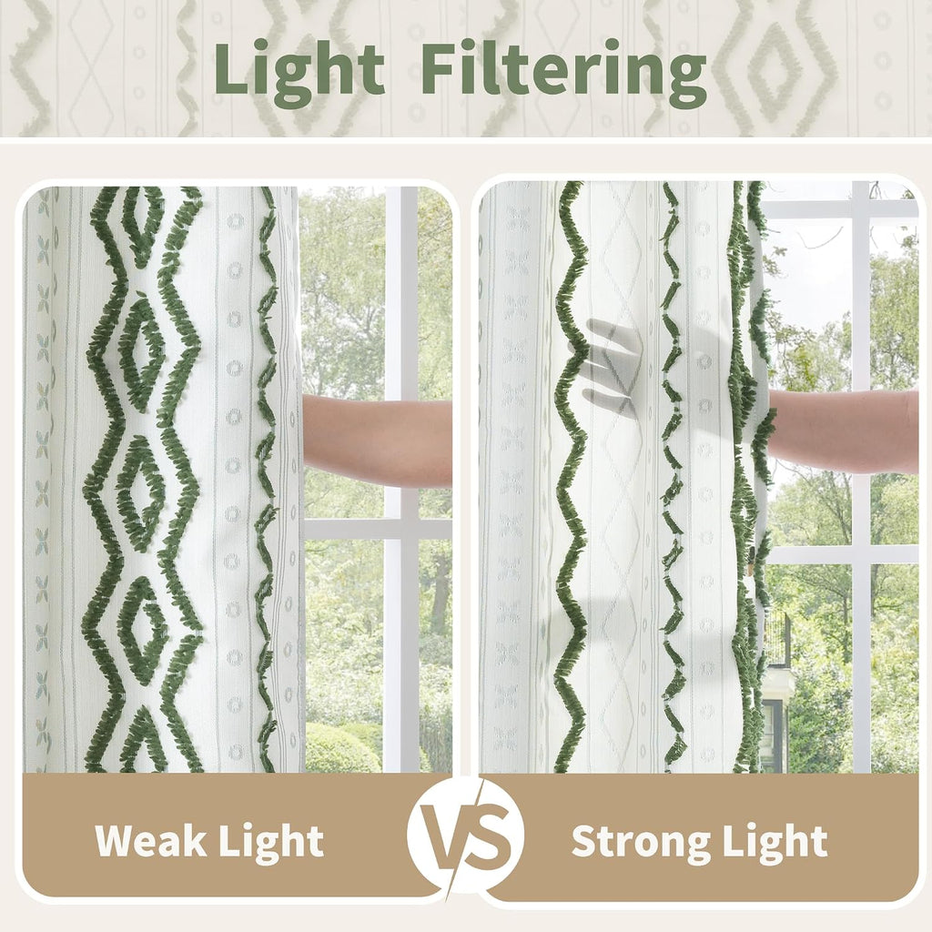 Green Boho Curtains with Tufted Pom Stripe Geometric, Linen Jacquard Pattern Drapes with Grommet for Living Room