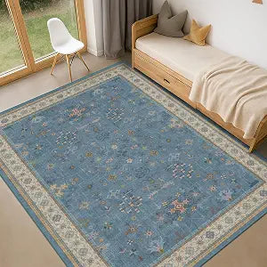 Washable 5x7 Blue Rugs for Kids Room, Boho 5 x 7 Nursery Rug Boys, Colorful Eclectic Low-Pile Carpet, Dining Table