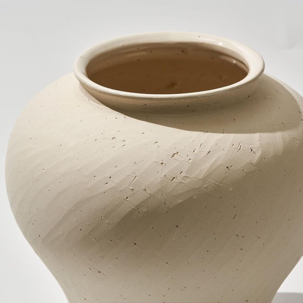 White Ceramic Rustic Vase, 9.7" Tall Zen Style Terra Cotta Pitcher, Distressed Farmhouse Decor, Pottery Decorative