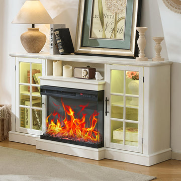 3 Sided Glass 59" Fireplace TV Stand for TVs up to 65inch, Media Entertainment Center with Storage Cabinet, 24"